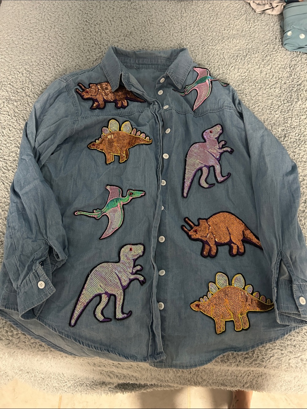 Embellished Denim Button-Up Shirt with Colorful Sequin Dinosaurs